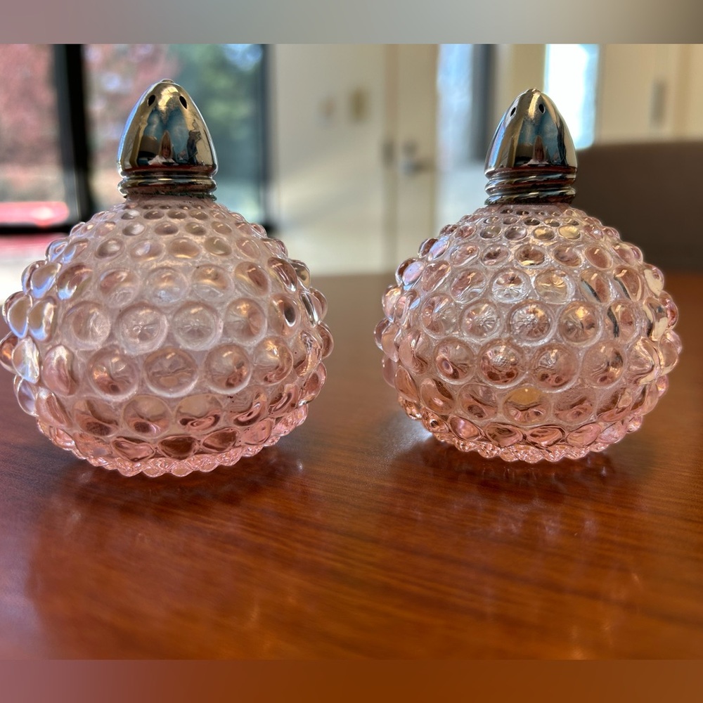 Pink Hobnail Glass Vintage I.W. Rice & Co. Salt & Pepper Shakers. Made in Japan.